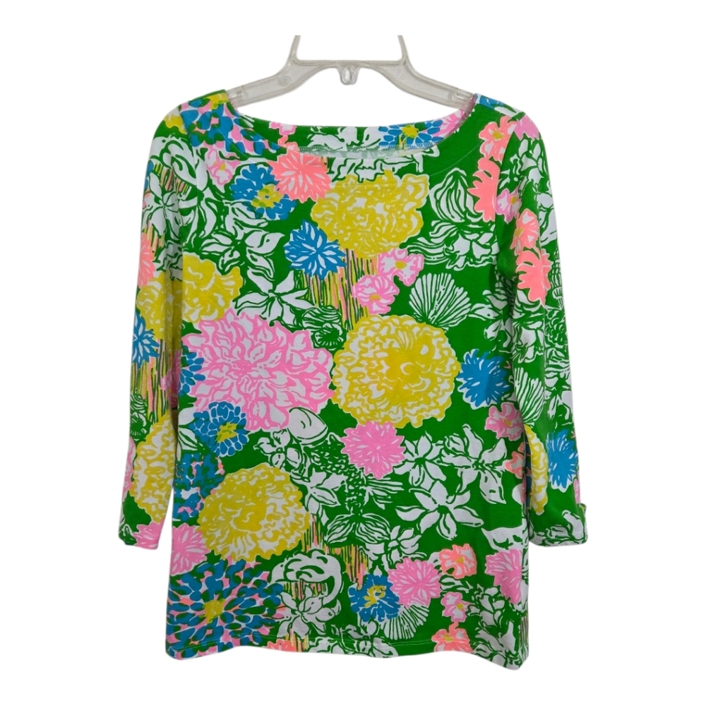 Lilly Pulitzer Hibiscus Stroll 3/4 Sleeve Top Colorful Preppy Floral Size XS